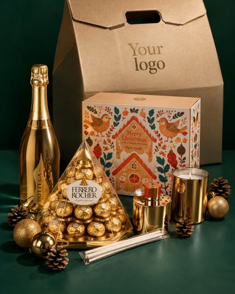 Setul cadou Golden Wish cu prosecco Bottega, o piramidă Ferrero Rocher, difuzor de arome și lumânare