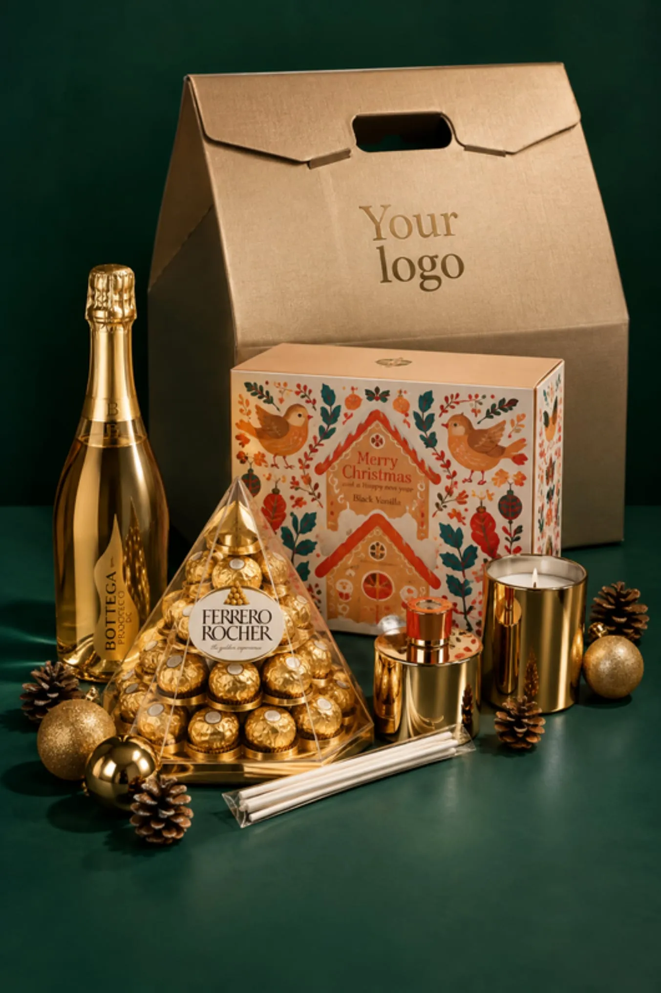 Setul cadou Golden Wish cu prosecco Bottega, o piramidă Ferrero Rocher, difuzor de arome și lumânare (fotografia 1 din 3)